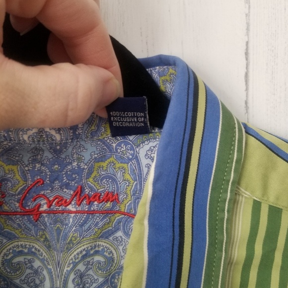 Robert Graham Green Blue Striped Shirt Sz Large - Picture 3 of 7